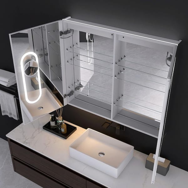 42 in. W x 36 in. H Rectangular Silver Aluminum Recessed/Surface Mount Medicine Cabinet with Mirror and LED