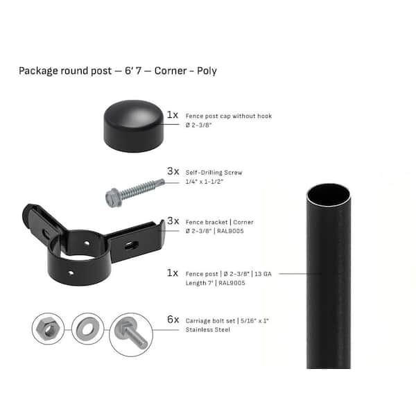 Round 2-3/8 in. x 6'7 ft. Poly Cap Corner Fence Black Steel Post (1-Pack)