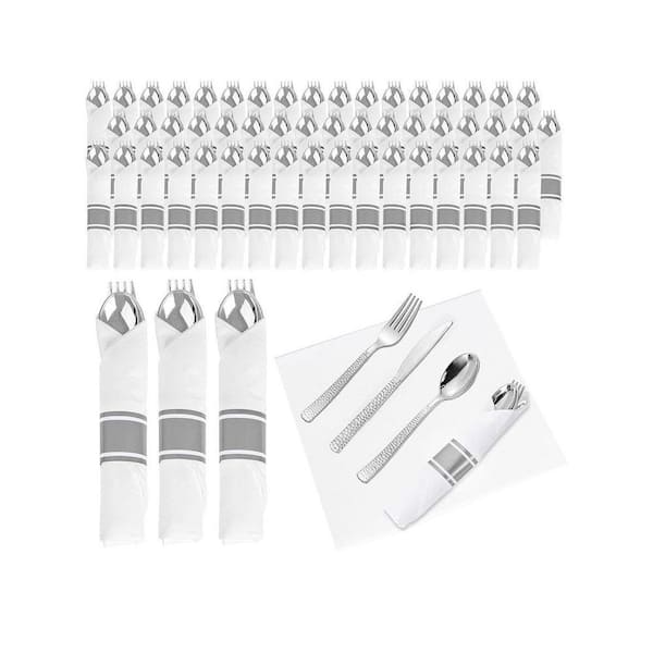 Silver White Disposable Plastic Silverware Cutlery Set Includes Forks Spoons Knives Napkins 400-Pieces Per Case
