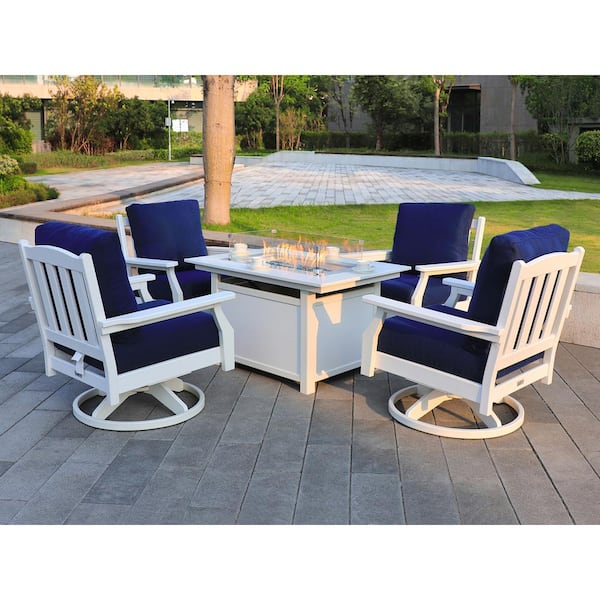LuXeo Cortina 25 in.(H) x 45 in.(W) White 5-Piece Plastic Patio Fire Pit Aspen Rock Set with Navy Cushions