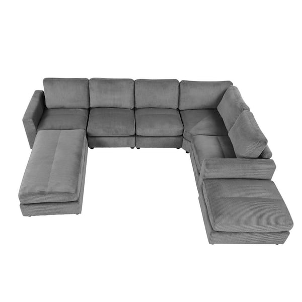 Gray Deep&Wide Corduroy Modular Sectional Sofa Bed with 2 Movable Ottomans