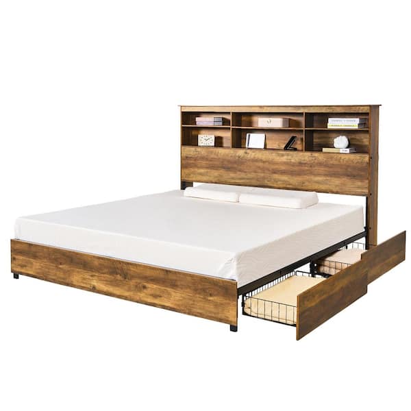 King Bed Frame with Storage Headboard, 4-Drawers, Charging Station and Heavy-Duty Metal Slats, Brown Rustic Platform Bed
