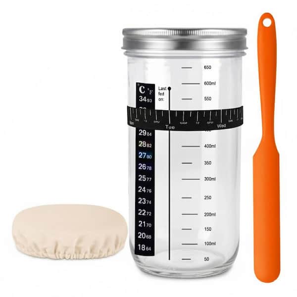 Sourdough Starter Kit with 24 oz. Glass Jar, Thermometer, Scraper, Cloth Cover and Metal Lid for Bread Baking, Orange
