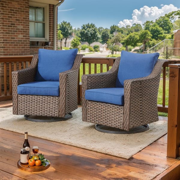 Gymojoy Frazee Brown Wicker Patio 2-Piece Swivel Chairs Outdoor Rocking Chair with Thick Deep CushionGuard Blue Cushion