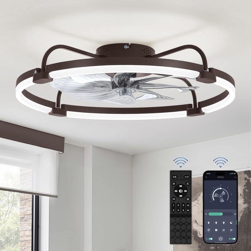 24 in. Dimmable LED Indoor Brown Modern Flush Mount Low Profile Ceiling Fans with Lights, Remote Control and APP price history on PriceWatchPro