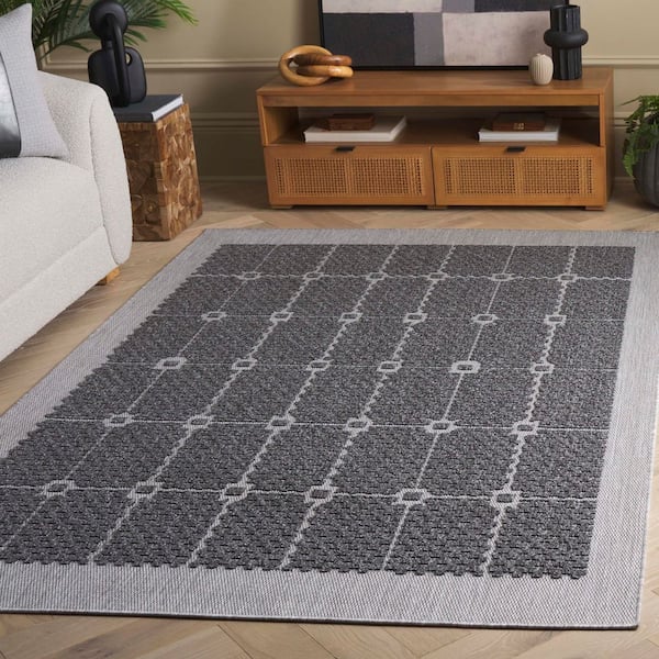 Milos Charcoal 9 ft. x 12 ft. High-Low Geometric Border Indoor/Outdoor Area Rug