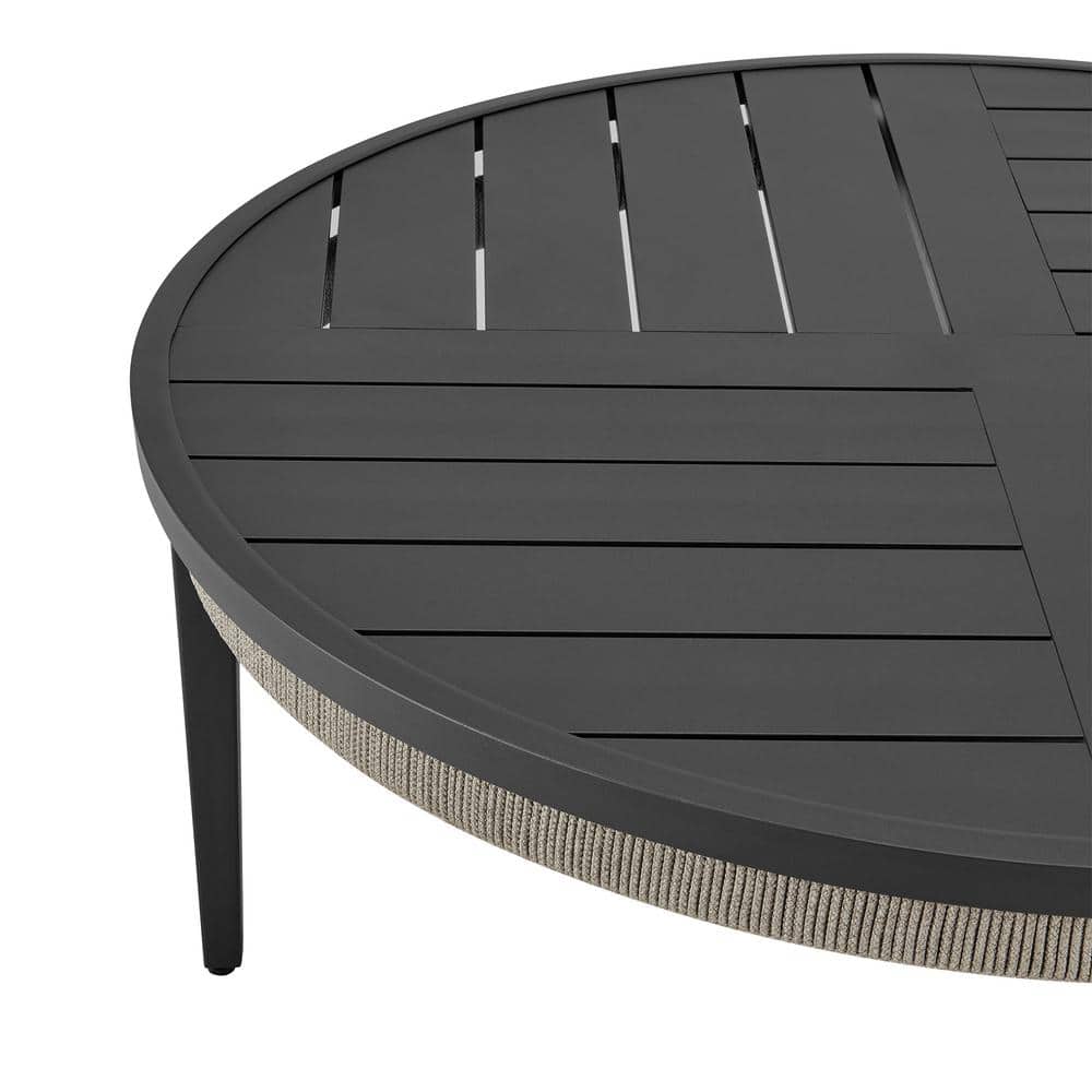Zella 42" Charcoal Aluminum Round Outdoor Coffee Table with Light Gray Rope
