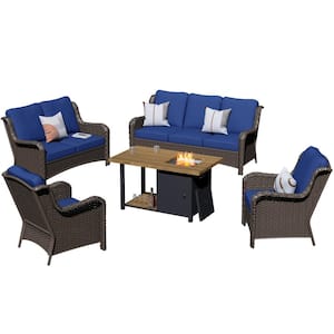Joyo Ung Brown 5-Piece Wicker Outdoor Patio Fire Pit Table Conversation Seating Set with Navy Blue Cushions