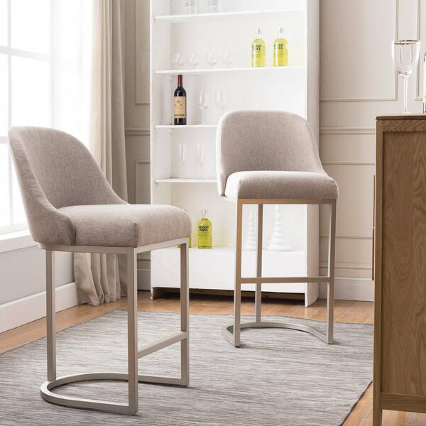Barrelback 43 in. H Oatmeal Linen Bar Stool with Pewter Metal Base (Set of 2)