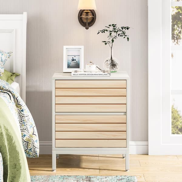 TRIBESIGNS WAY TO ORIGIN Mayville 2-Drawers Nightstands White and Maple Wood Bedroom Bedside Table Walnut 23.62 in. H x 15.75 in. W x 19.68 in. L