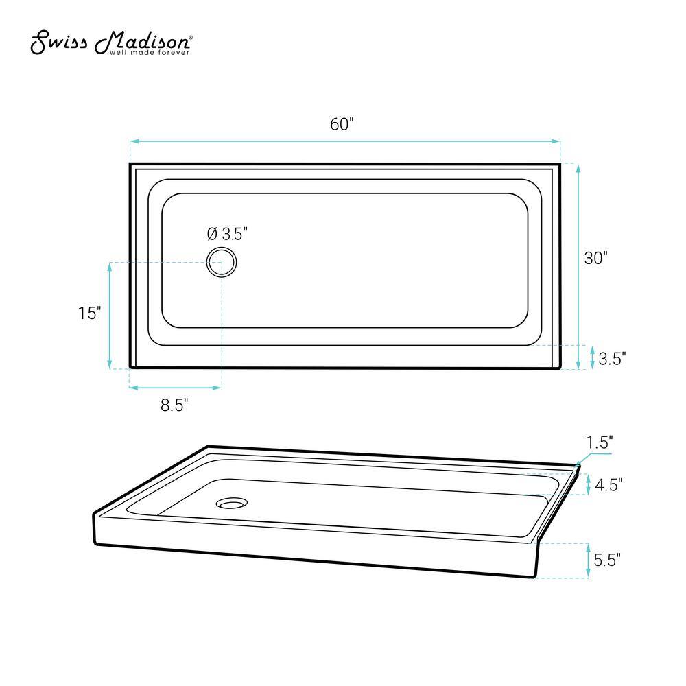 Voltaire 60 x 30 Glossy White Acrylic Shower Pan Base with Left Drain