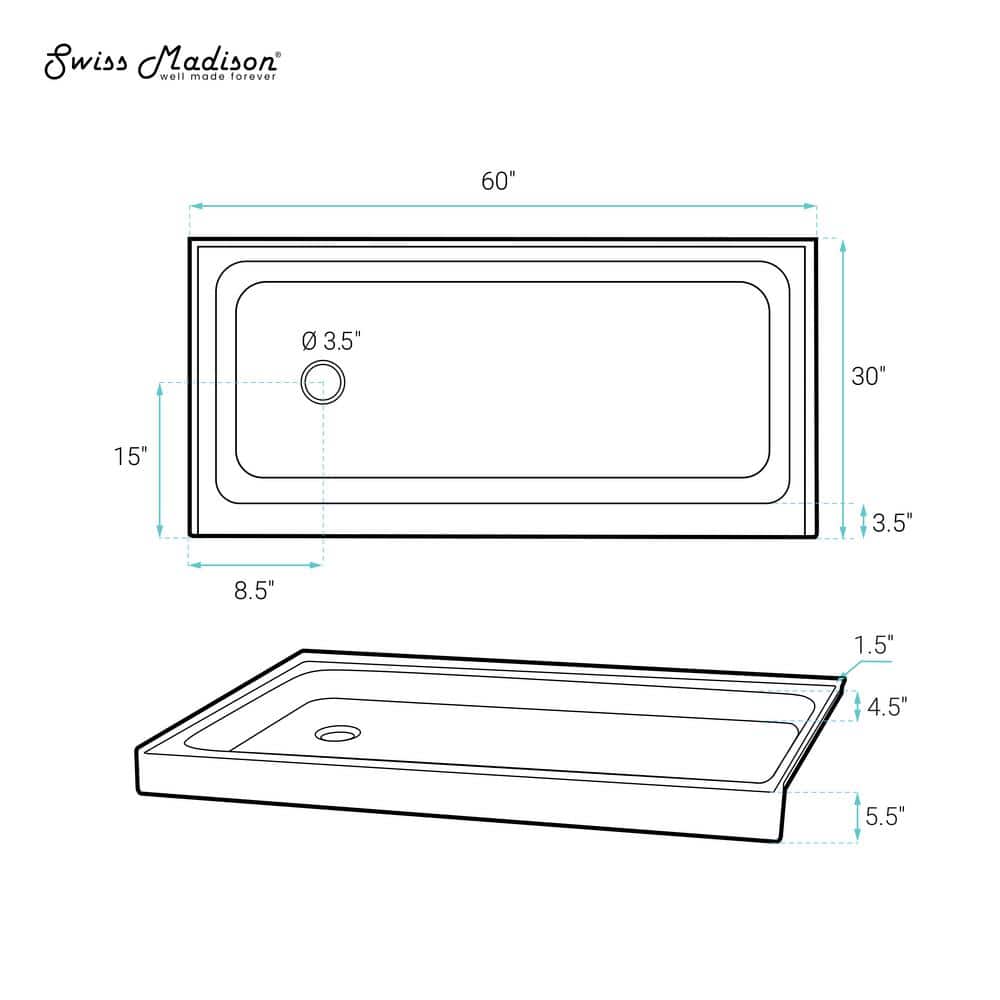 Voltaire 60 x 30 Glossy White Acrylic Shower Pan Base with Left Drain
