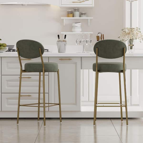 Winifred Modern 29.13 in. H Green Metal Frame Bar Stools with Velvet Upholstered Seat and Back, Set of 2