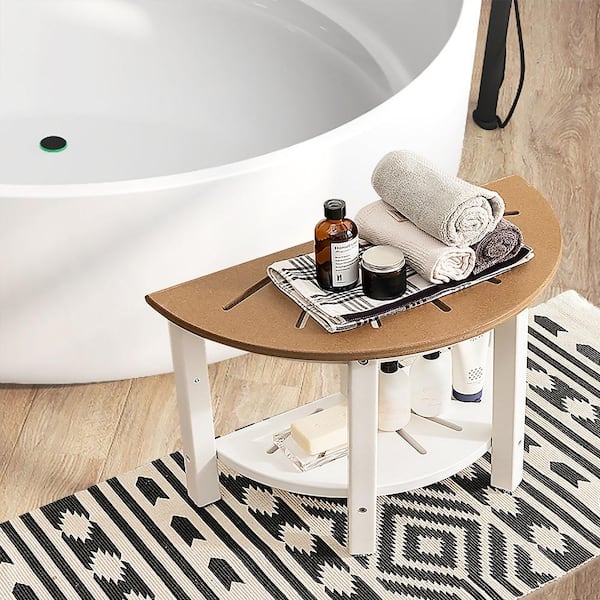 25.5 in. Waterproof heavy-duty HDPE Semicircular Shower Bench 2-Tier Bath Spa Bench Off White, Brown