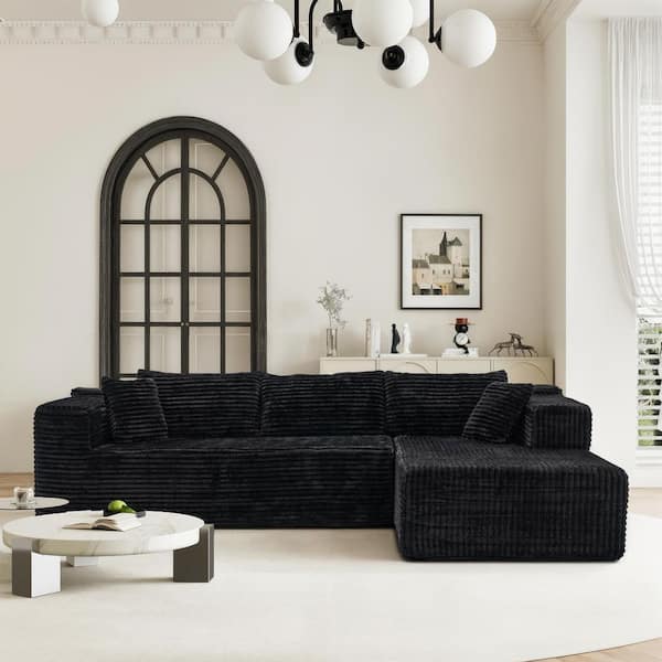106 in. Square Arm 2-Piece Corduroy Upholstery L-Shaped Sectional Sofa with Compression Foam Construction in Black