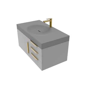Thames 36 in. W x 19 in. D x 16.25 H Single Floating Bath Vanity in Matte Gray in Gold Trim with Solid Surface Gray Top