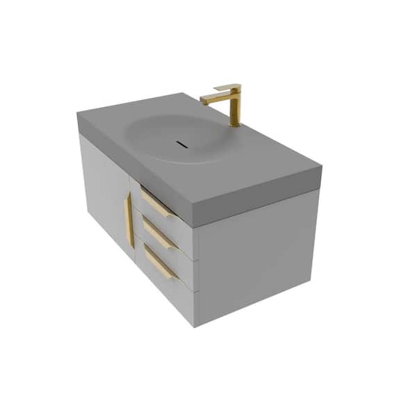 castellousa Thames 36 in. W x 19 in. D x 16.25 H Single Floating Bath Vanity in Matte Gray in Gold Trim with Solid Surface Gray Top