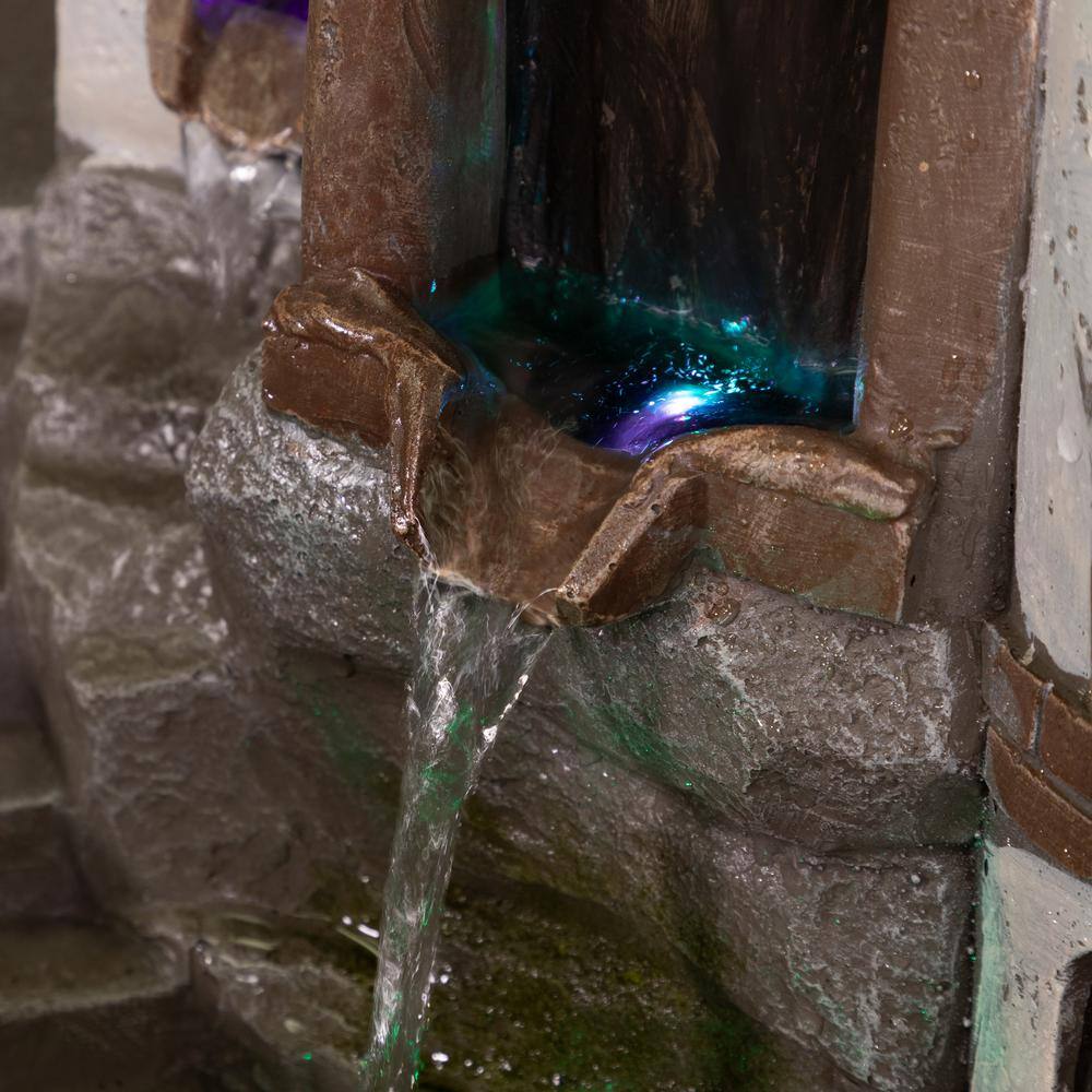 35" Gray Cement Outdoor Castle Fountain with LED Lights