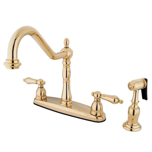 Kingston Brass Heritage 2-Handle Standard Kitchen Faucet with Side Sprayer in Polished Brass
