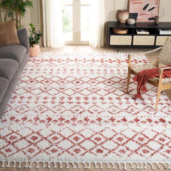 Berber Fringe Shag 9 x 12 Ivory/Rust Tribal Area Rug