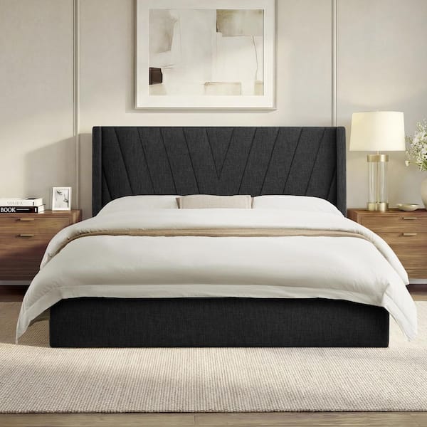Luno Black Steel Frame Full Platform Bed with Hydraulic Lift Storage and High Upholstered Wingback Headboard
