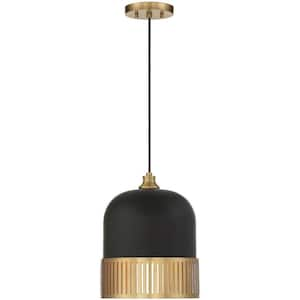 Eclipse 10 in. W x 13 in. H 1-Light Matte Black with Warm Brass Accents Statement Pendant Light with Metal Shade