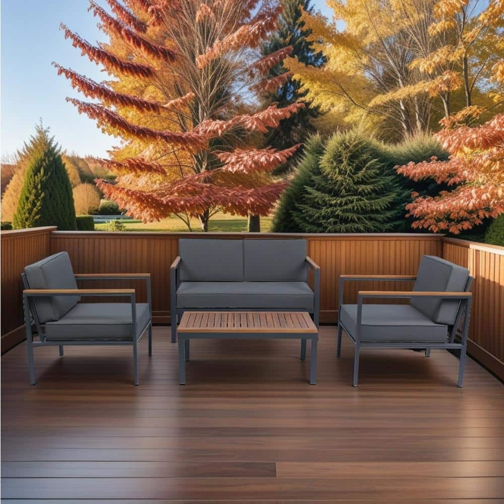 4 Piece Outdoor Sofa Conversation Set with Acacia Wood Top, Coffee Table fo