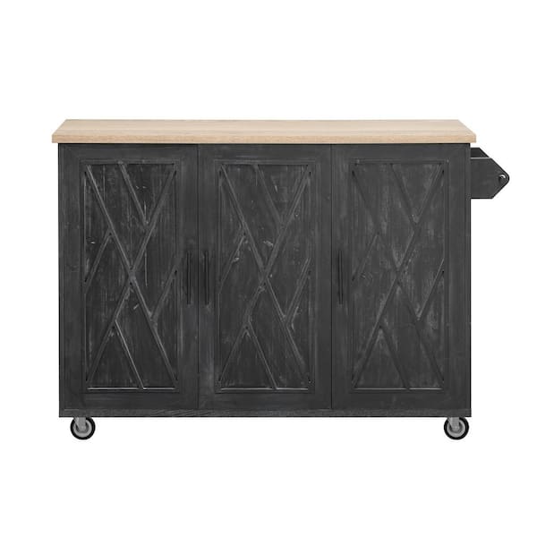 Cesicia Black Wood Tabletop 51.2 in. Farmhouse Kitchen Island on 4 Wheels with Drop Leaf, Internal Storage Rack and Towel Rack