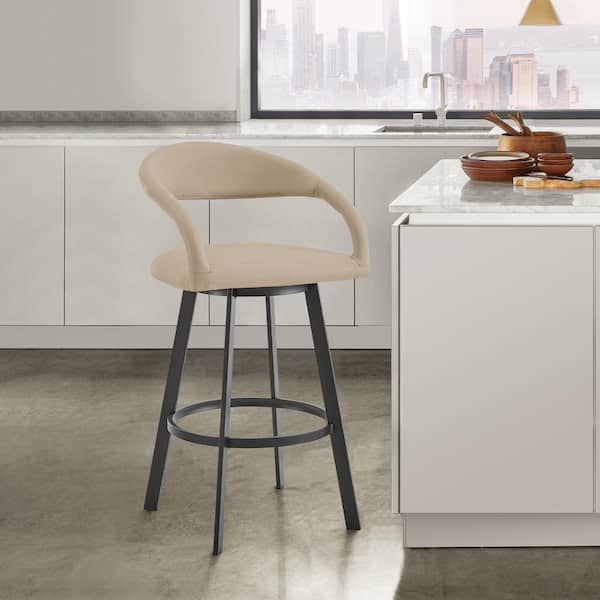 Armen Living Ramona 26 in. Beige Low Back Metal Counter Stool with Faux Leather Seat
