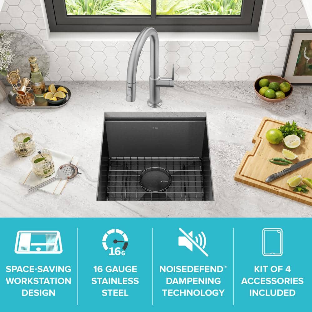 Kore 17" Black Stainless Steel Undermount Workstation Kitchen Sink