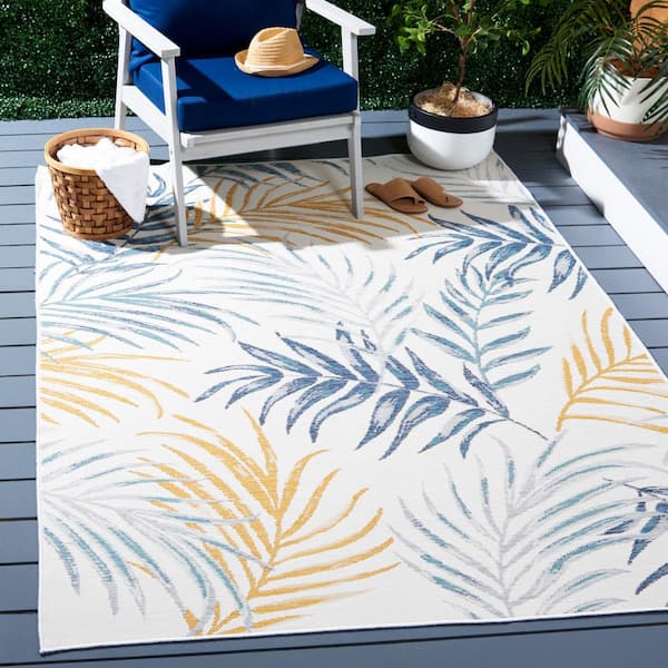 Sunrise Ivory/Blue Gold 7 ft. x 7 ft. Oversized Tropical Reversible Indoor/Outdoor Square Area Rug