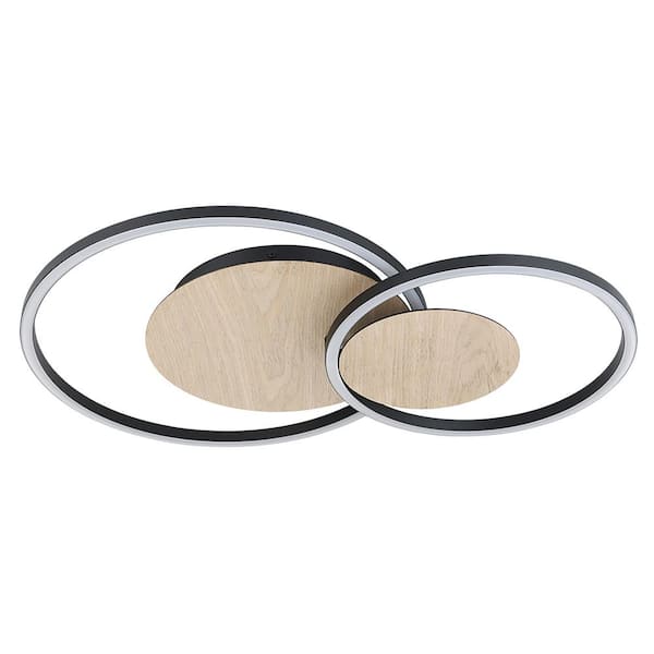 Eglo Palma 15.75 in. W x 2 in. H 2-Light Structured Black LED Semi-Flush Mount with Veneer Wood Accents