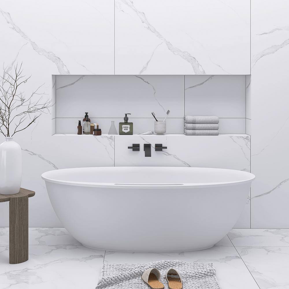 63 in. Matte White Solid Surface Freestanding Soaking Bathtub