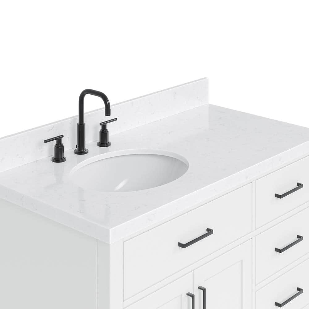 Sidmouth 42'' Solid Wood Single Bathroom Vanity with 1.5'' Carrara Quartz Top, Left Offset Oval Sink