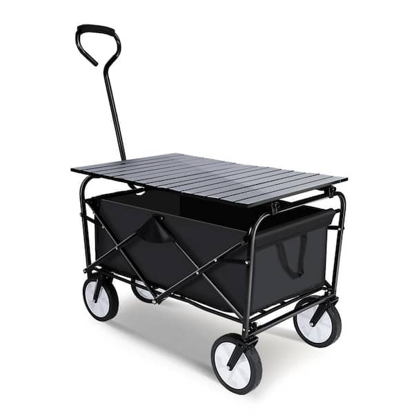 Unbranded Outdoor Portable Collapsible Utility Serving Cart, Camping Cart with Anti-slip Wheels and Adjustable Handle Table, Black