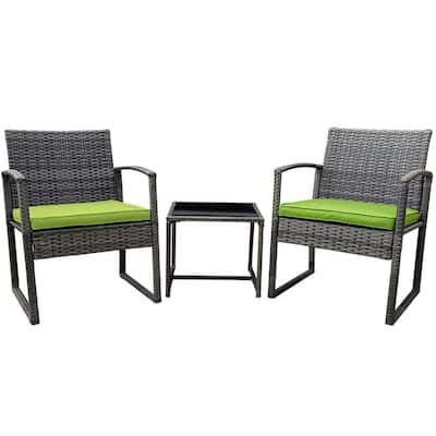 Vesso 3-Piece Wicker Rattan Outdoor Patio Furniture Modern Bistro Set with Coffee Table with Green Cushion