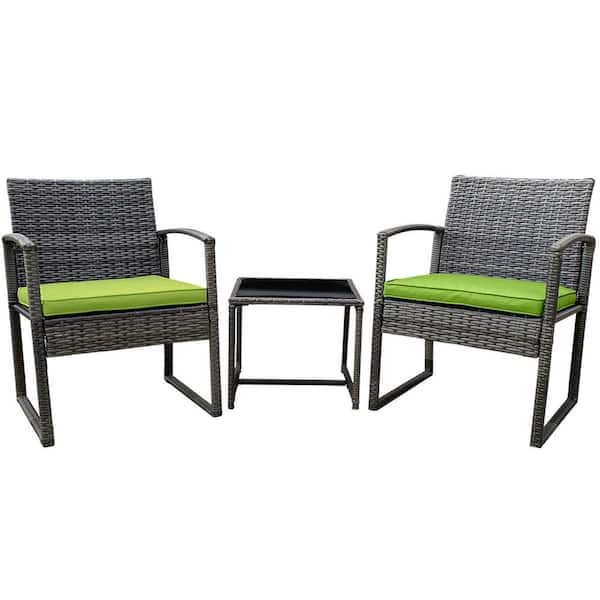 Pyramid Home Decor Vesso 3-Piece Wicker Rattan Outdoor Patio Furniture Modern Bistro Set with Coffee Table with Green Cushion