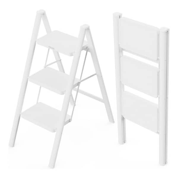 3-Step Folding Ladder w/ Wide Pedals Compact-Stepping Stool Kitchen Sturdy Steel Anti-Slip Feet Supports 330 lbs. White