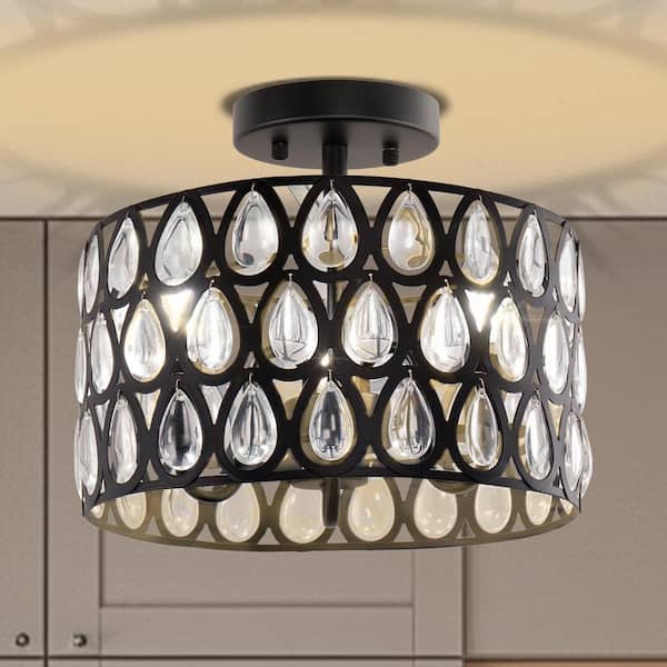 12.4 in. 3-Light Black Crystal Drum Semi-Flush Mount with No Glass and No Bulbs Included 1-Pack