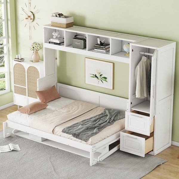 White Wood Frame Full Murphy Bed Wall Bed with Closet and Drawers