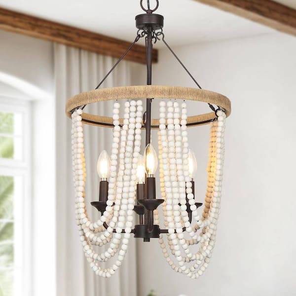 4-Light Bronze Chandelier with White Wood Beads