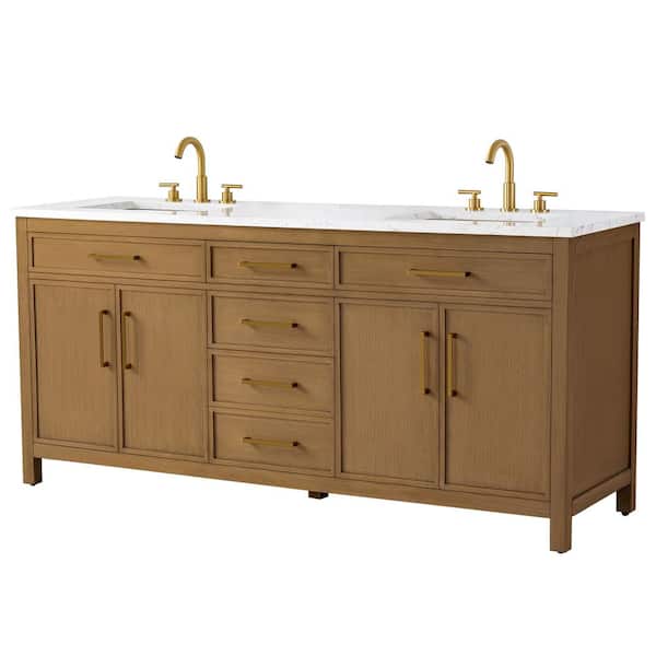 Logan 72 in. W Bath Vanity in Caramel with Engineered Stone Top in Carrara White with White Sinks