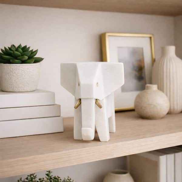 White 11 in. x 7 in. Resin Geometric Elephant Sculpture