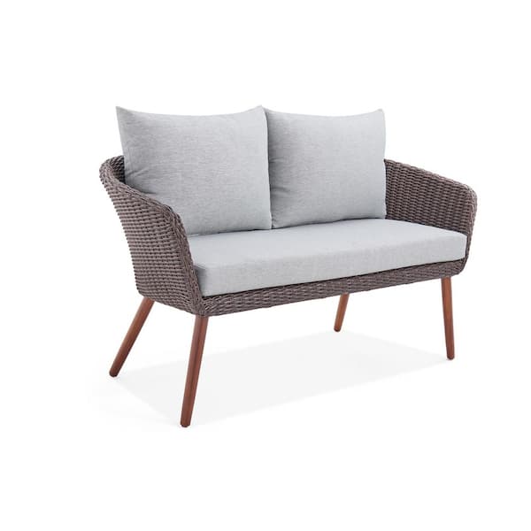 Wateday Patio 57 in. 2-Person Brown Wicker Outdoor Bench with Light Gray Cushions
