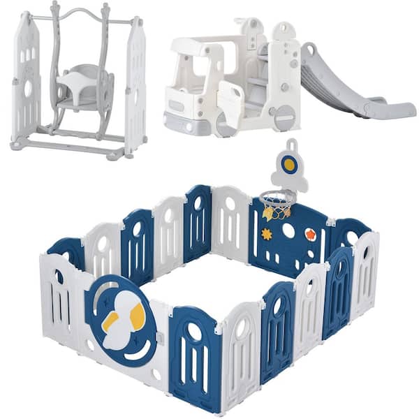 TIRAMISUBEST Blue Kids Playset Activity Center Baby Playpen for Toddler with Freestanding Swing and Slide