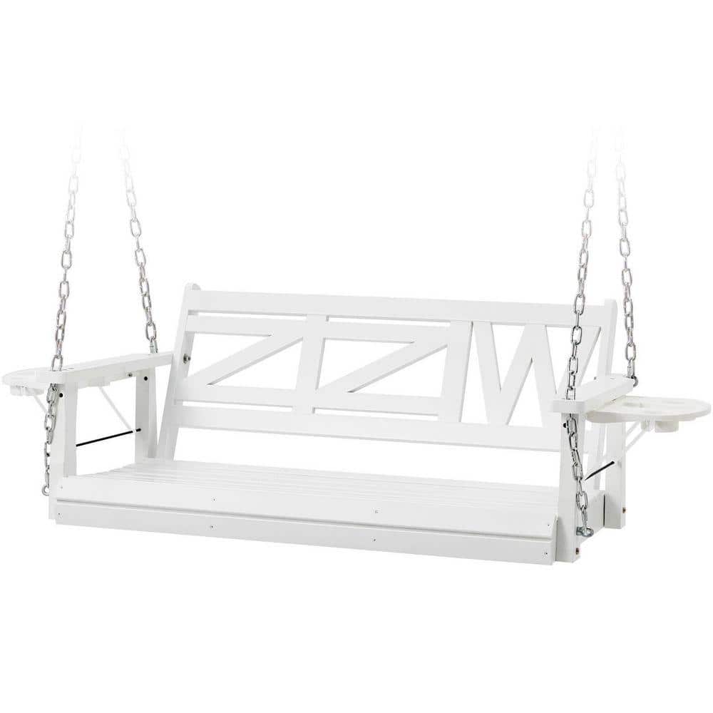 White Wood Heavy Duty Porch Swing with Hanging Chains and Upgraded Cupholders