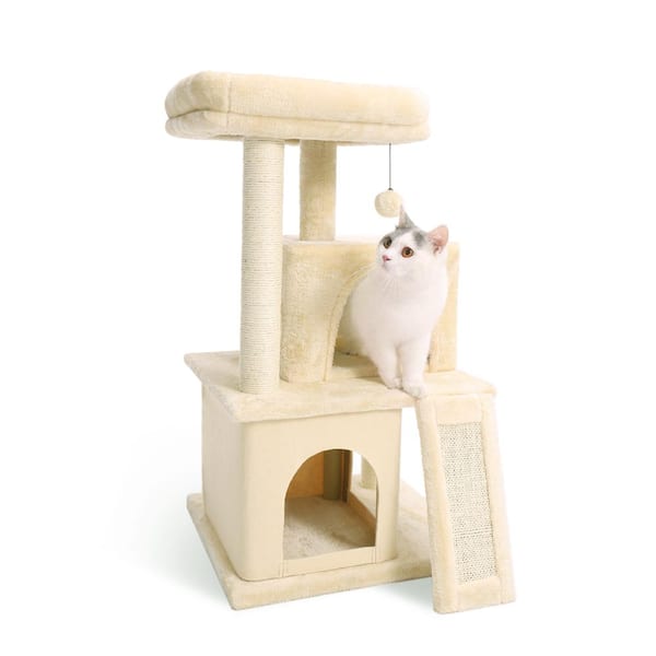 Foobrues Beige Cat Tree Sisal Scratching Post Plush Condo Playhouse with Dangling Toys
