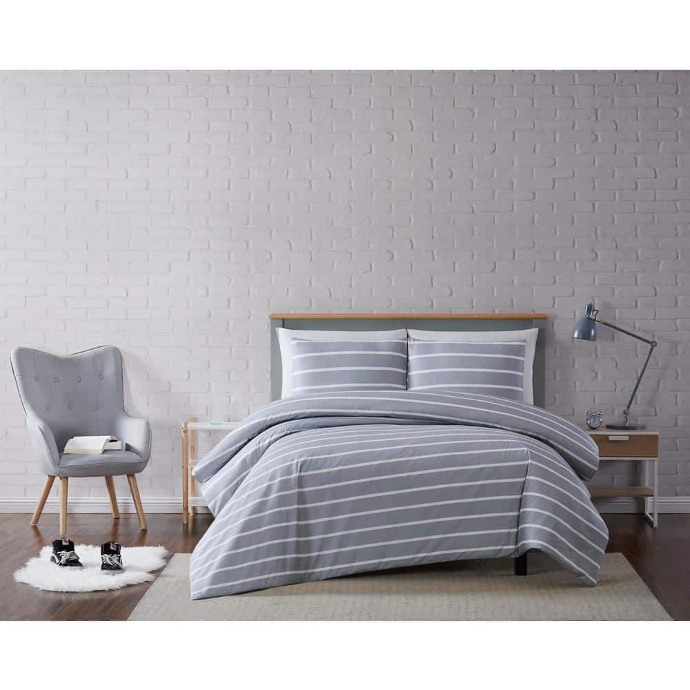 Gray Full/Queen Microfiber Modern Stripe Duvet Cover Set
