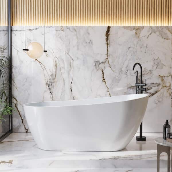 ANGELES HOME 67 in. x 31.5 in. Acrylic Flatbottom Soaking Bathtub in Glossy White with Chrome Pop-Up Drain and Overflow
