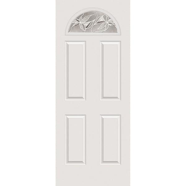 Milliken Millwork 32 in. x 80 in. Lasting Impressions Decorative Glass 1/4 Arch Lite 4-Panel Primed White Steel Prehung Front Door